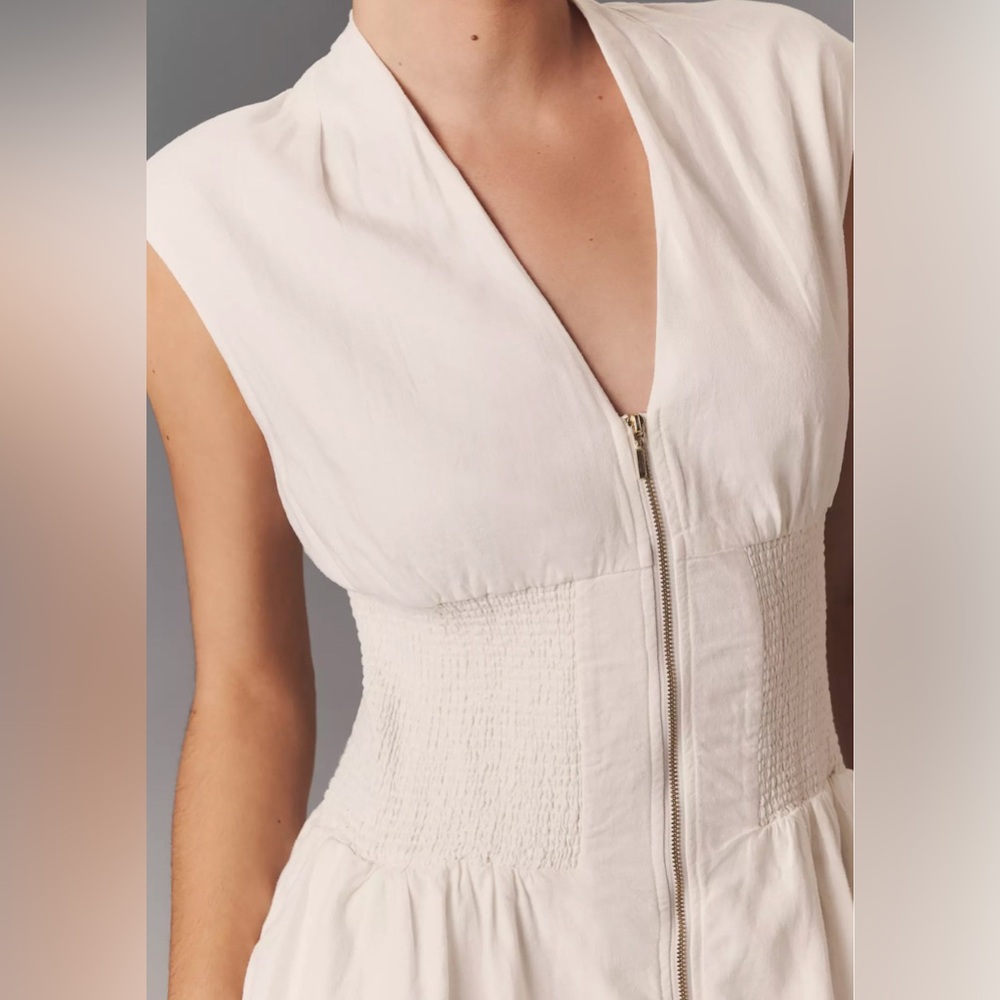 The Tommie Cap-Sleeve Linen Smocked Front-Zip Mini Shirt Dress - Picture 3 of 6